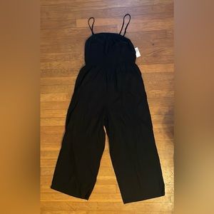 Old Navy Waist-Defined Linen-Blend Cropped Smocked Cami Romper in Black